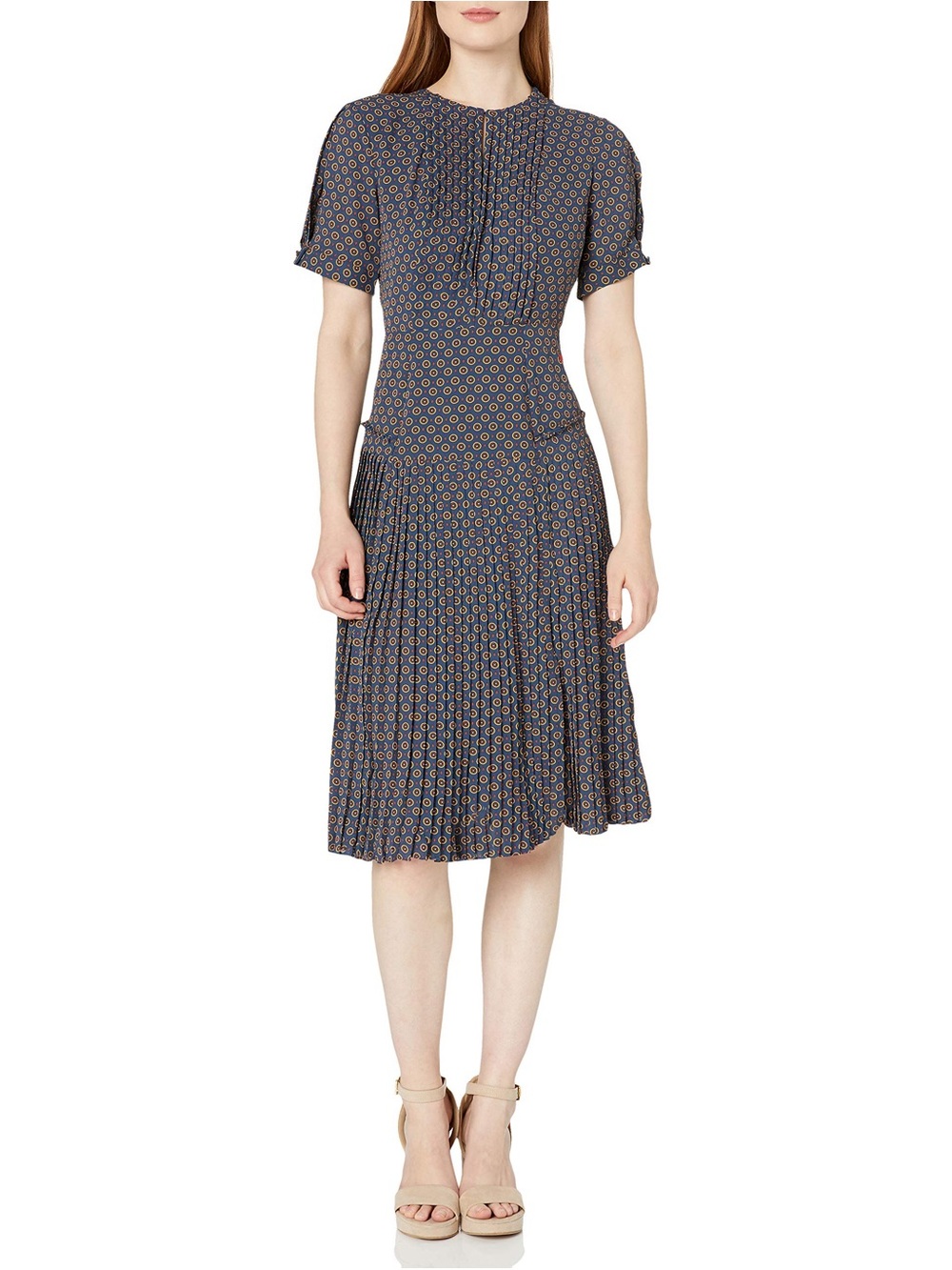Pleated Midi Dress in Navy with Yellow Dot Pattern